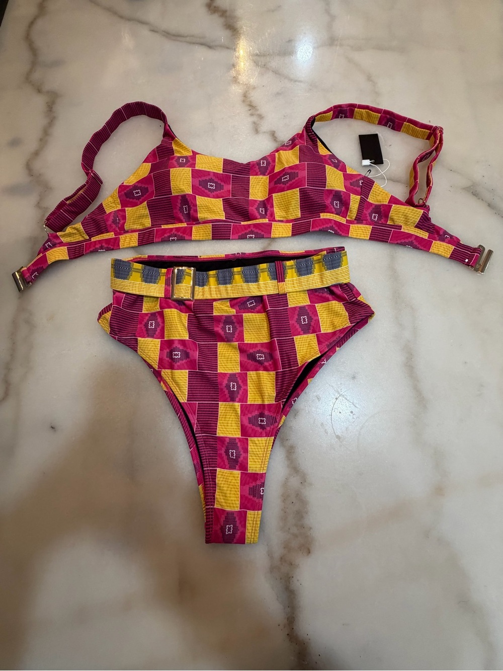 Colorblock Pink and Yellow Checkered Bikini Set